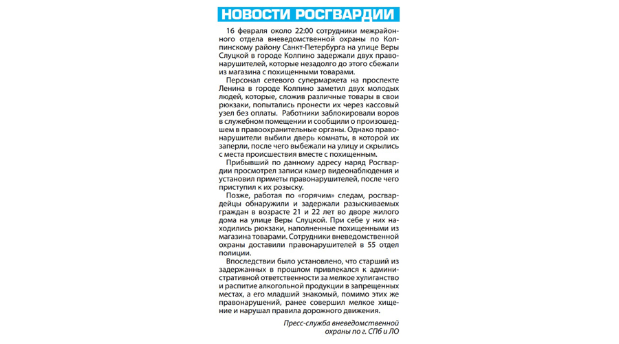 Рубрика "Новости Росгвардии" (газета "Наш город")